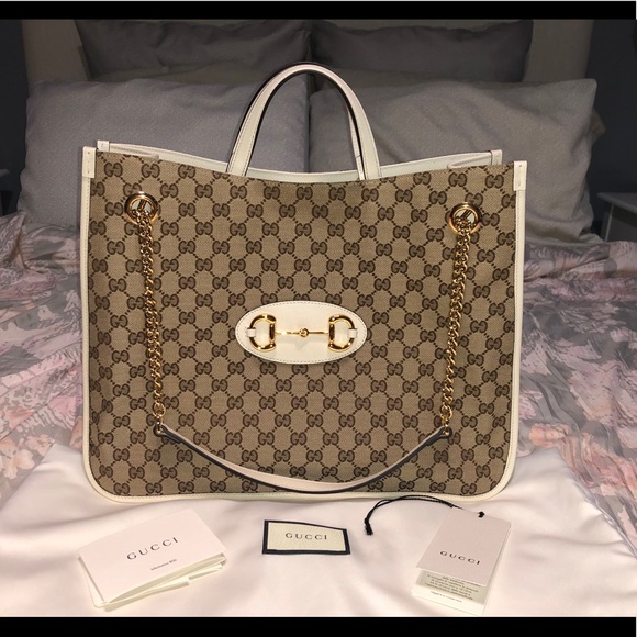 NWT Gucci Horsebit 1955 Large Tote Bag White Leather and Signature Canvas - Picture 2 of 15